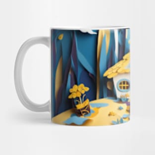 A House sits on a hill paper cutout style Mug